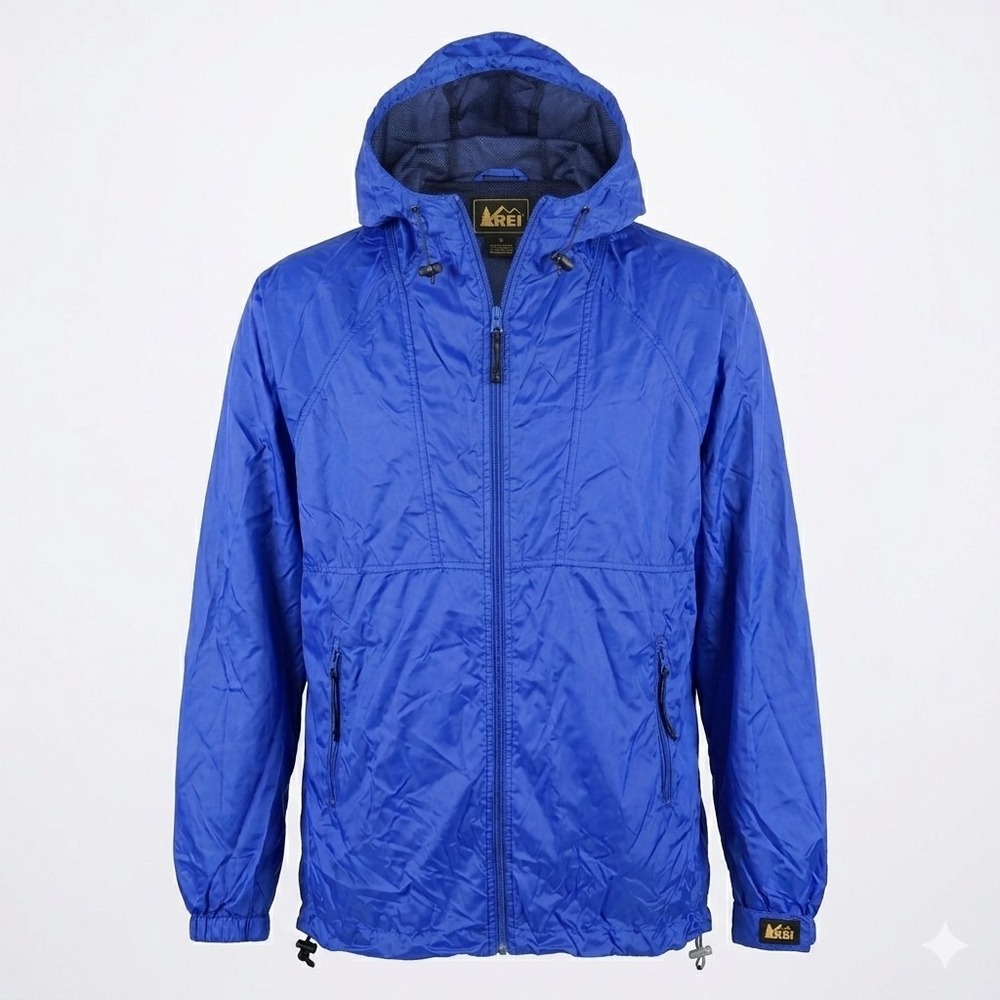 Vintage 90s REI Blue Nylon Windbreaker‎ Jacket Mens XL Hooded Full Zip Outdoor